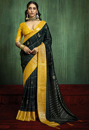 Foil Printed Art Silk Saree in Dark Green