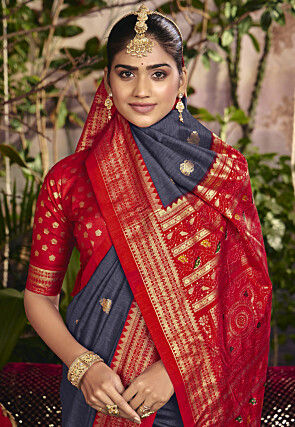 Foil Printed Art Silk Saree in Dark Grey