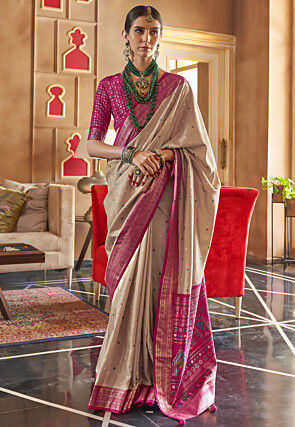 Foil Printed Art Silk Saree in Fawn