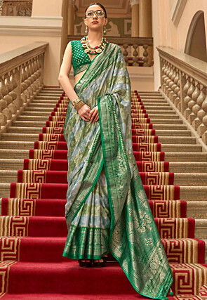 Foil Printed Art Silk Saree in Green and Dusty Blue