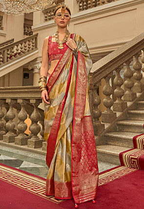Foil Printed Art Silk Saree in Grey and Beige