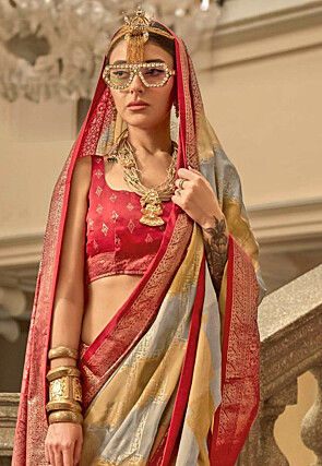 Foil Printed Art Silk Saree in Grey and Beige