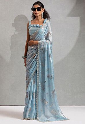 Foil Printed Art Silk Scalloped Saree in Light Blue