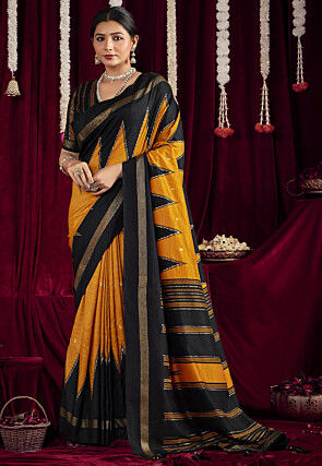 Foil Printed Art Silk Saree in Mustard