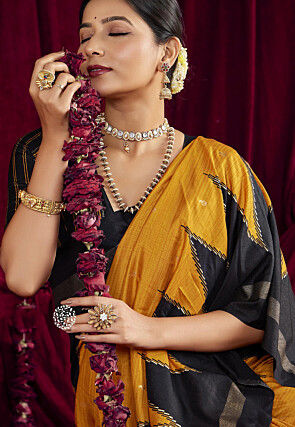 Foil Printed Art Silk Saree in Mustard