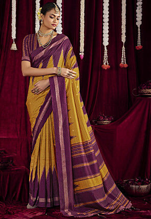Foil Printed Art Silk Saree in Mustard