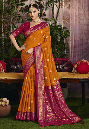 Foil Printed Art Silk Saree in Mustard