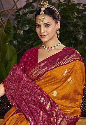 Foil Printed Art Silk Saree in Mustard