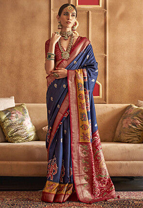 Foil Printed Art Silk Saree in Navy Blue