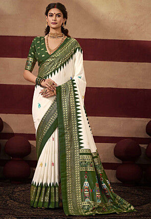 Foil Printed Art Silk Saree in Off White
