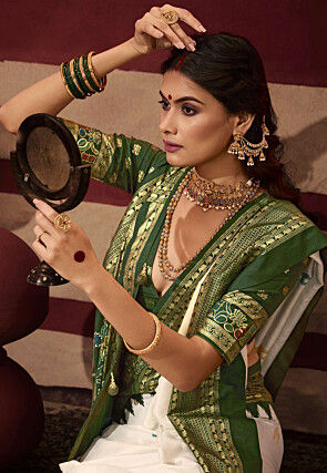 Foil Printed Art Silk Saree in Off White