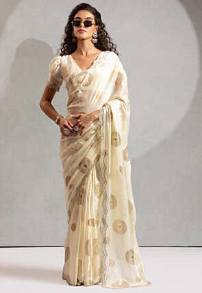Foil Printed Art Silk Saree in Off White