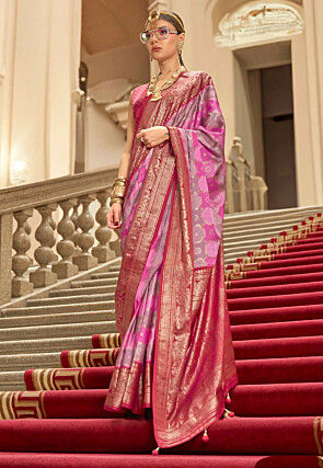 Foil Printed Art Silk Saree in Pink and Purple