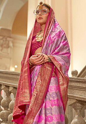 Foil Printed Art Silk Saree in Pink and Purple