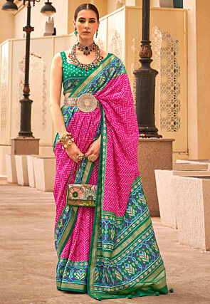 Ruby Pink and Green Banarasi Dola Silk Saree with Resham Embroidery, Z –  Ethnos