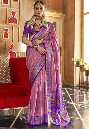 Foil Printed Art Silk Saree in Pink
