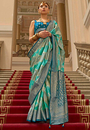 Foil Printed Art Silk Saree in Turquoise and Grey
