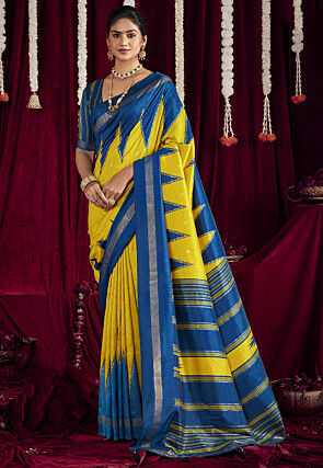 Foil Printed Art Silk Saree in Yellow