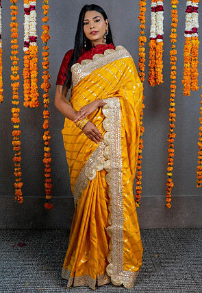 Foil Printed Art Silk Scalloped Saree in Mustard