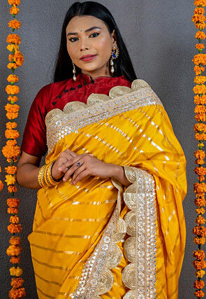 Foil Printed Art Silk Scalloped Saree in Mustard