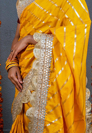 Foil Printed Art Silk Scalloped Saree in Mustard