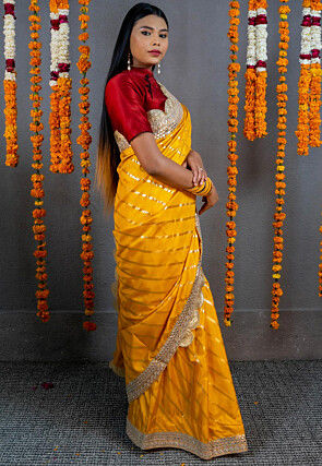 Foil Printed Art Silk Scalloped Saree in Mustard