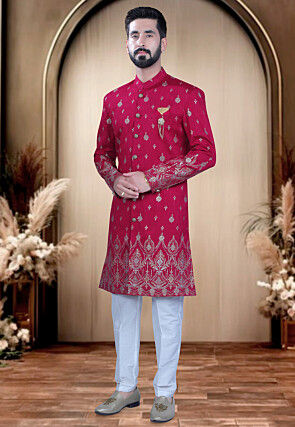 Foil Printed Art Silk Sherwani in Fuchsia
