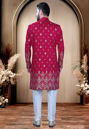 Foil Printed Art Silk Sherwani in Fuchsia