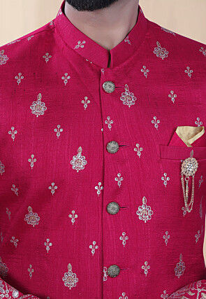 Foil Printed Art Silk Sherwani in Fuchsia
