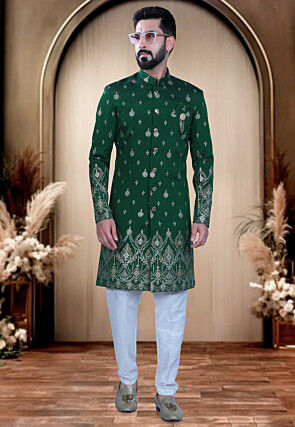 Foil Printed Art Silk Sherwani in Green