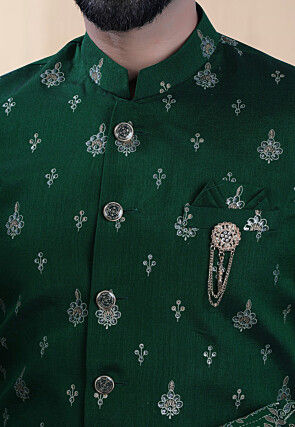 Foil Printed Art Silk Sherwani in Green