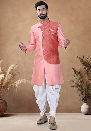 Foil Printed Art Silk Sherwani in Peach
