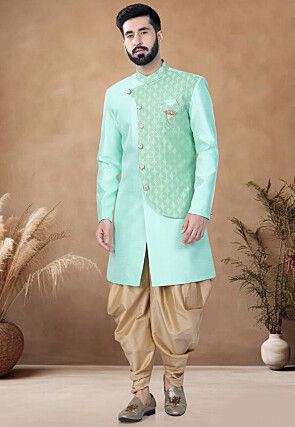 Foil Printed Art Silk Sherwani in Sea Green