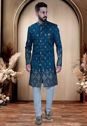 Foil Printed Art Silk Sherwani in Teal Blue