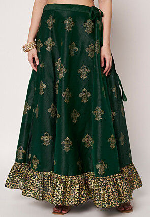 Foil Printed Art Silk Skirt in Dark Green