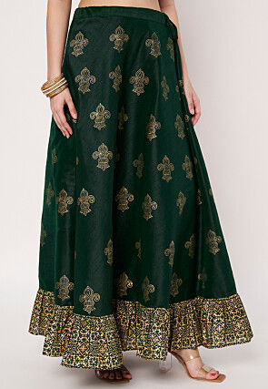 Foil Printed Art Silk Skirt in Dark Green