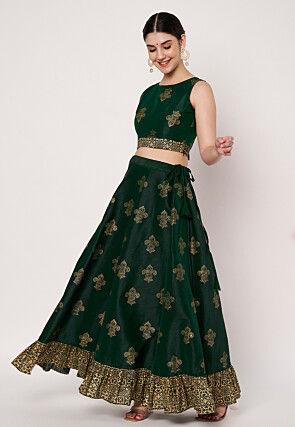 Foil Printed Art Silk Skirt in Dark Green