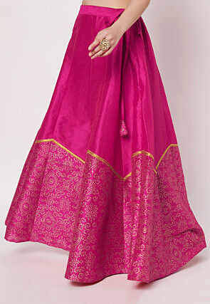 Foil Printed Art Silk Skirt in Fuchsia