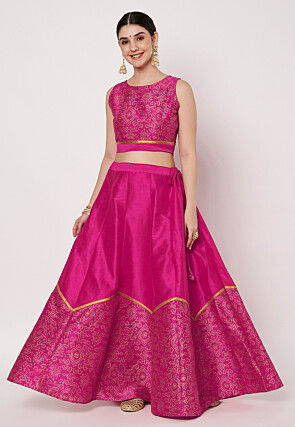 Foil Printed Art Silk Skirt in Fuchsia