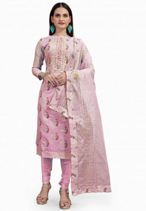 Foil Printed Art Silk Straight Suit in Pink