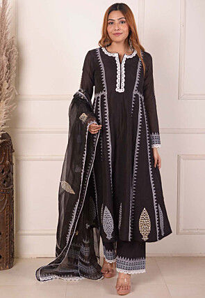 Foil Printed Chanderi Silk Aline Suit in Black