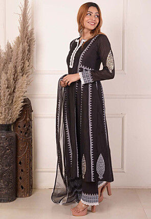 Foil Printed Chanderi Silk Aline Suit in Black