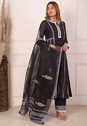Foil Printed Chanderi Silk Aline Suit in Black