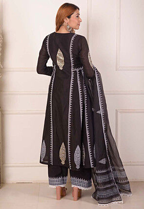 Foil Printed Chanderi Silk Aline Suit in Black