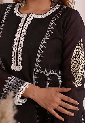 Foil Printed Chanderi Silk Aline Suit in Black