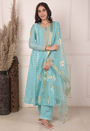 Foil Printed Chanderi Silk Aline Suit in Light Teal Blue