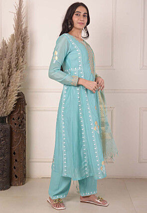 Foil Printed Chanderi Silk Aline Suit in Light Teal Blue