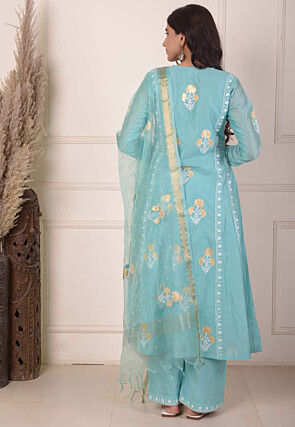 Foil Printed Chanderi Silk Aline Suit in Light Teal Blue