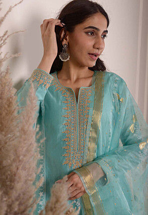 Foil Printed Chanderi Silk Aline Suit in Light Teal Blue