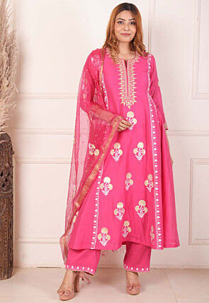 Foil Printed Chanderi Silk Aline Suit in Pink